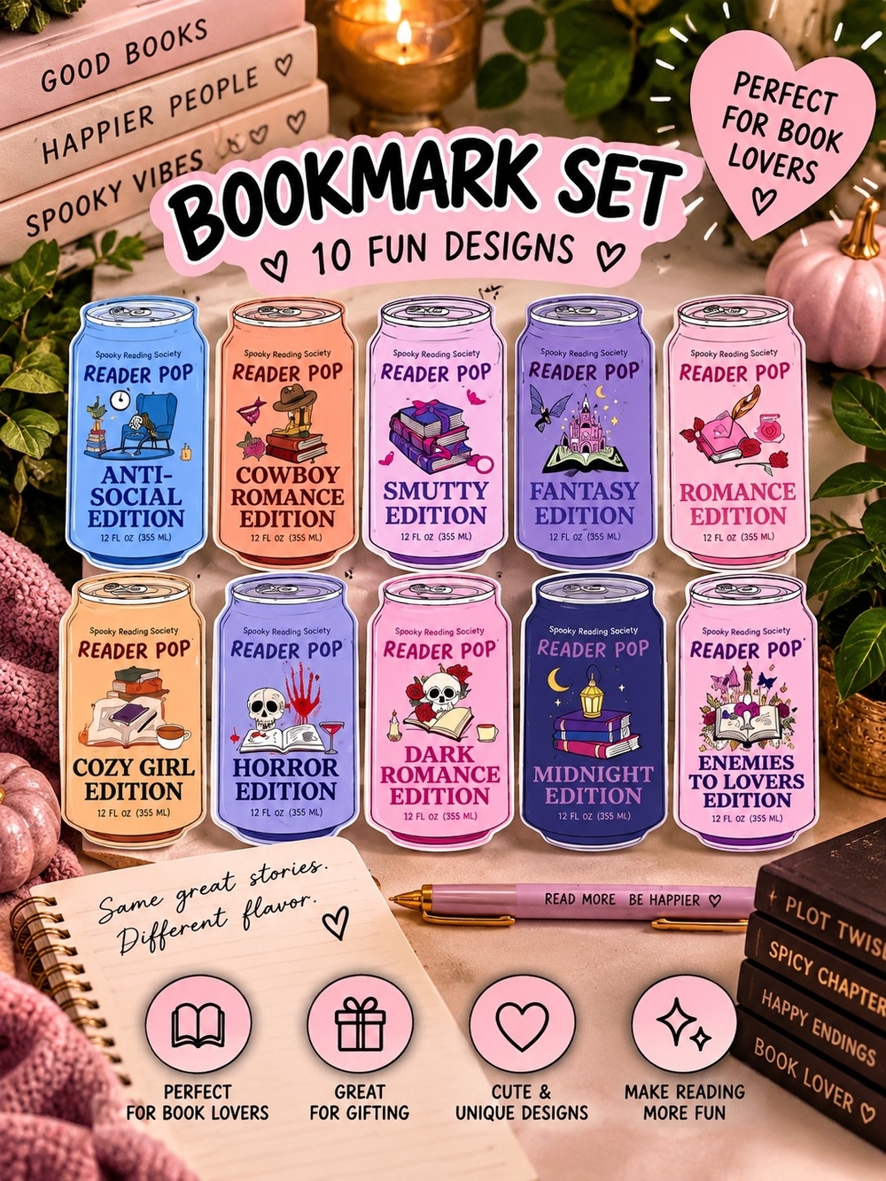 Super Cute Soda Pop Book Genre Bookmark Set Of 10!!
